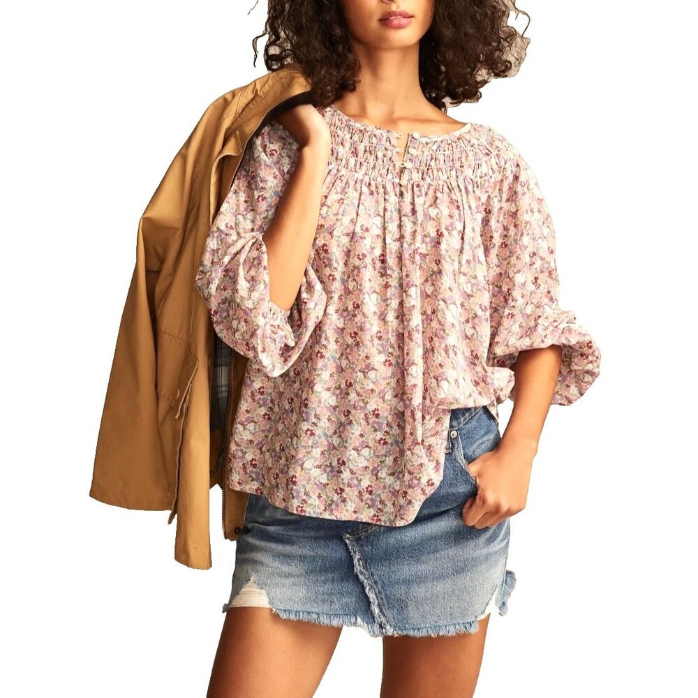 NWT Lucky Brand Floral Smocked Blouse Size Medium Pink Oversized 100% Cotton $89